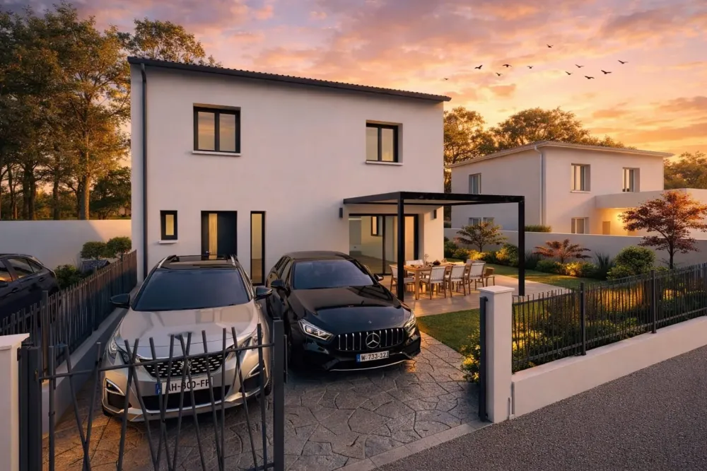 Maison a étage 85 m2 avec garage à vélo de 10m2. 3 cbres, une salle d'eau, 2 wc, une pièce de vie ouverte à partir de 148000e